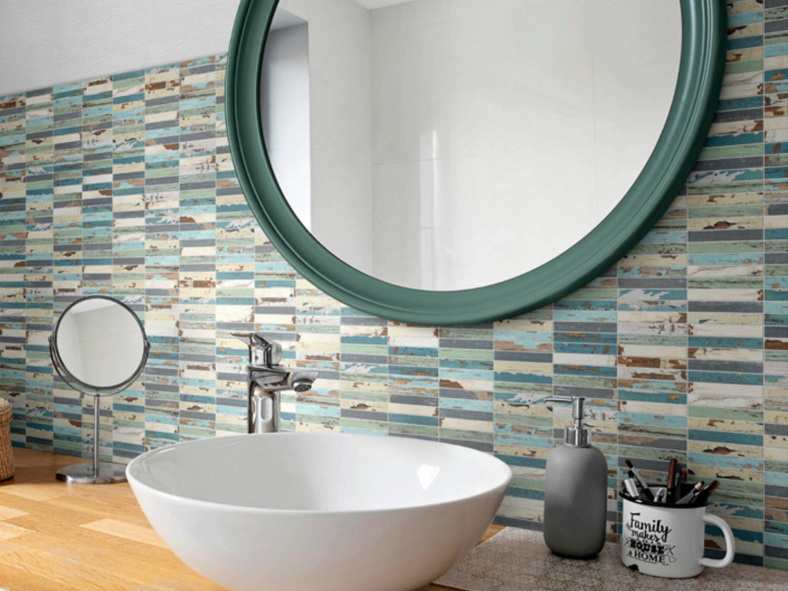 0.7x4 Wood Rectangles Mix Beige/Blue Ceramic Mosaic | Gemini Tile and Marble