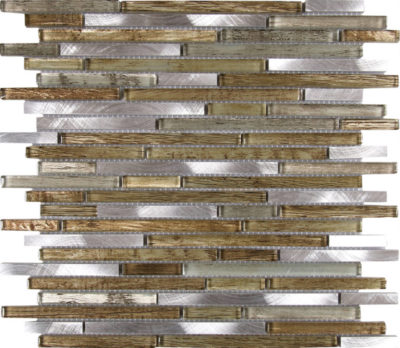 Baguette Beige Grey Mix Mosaic Glass Metal Interlocking Mosaic