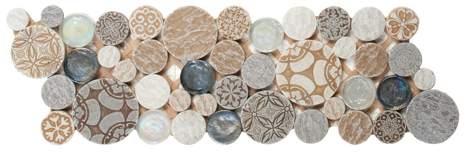 Beige Penny Round Décor / Glass Interlocking Border | Gemini Tile and Marble