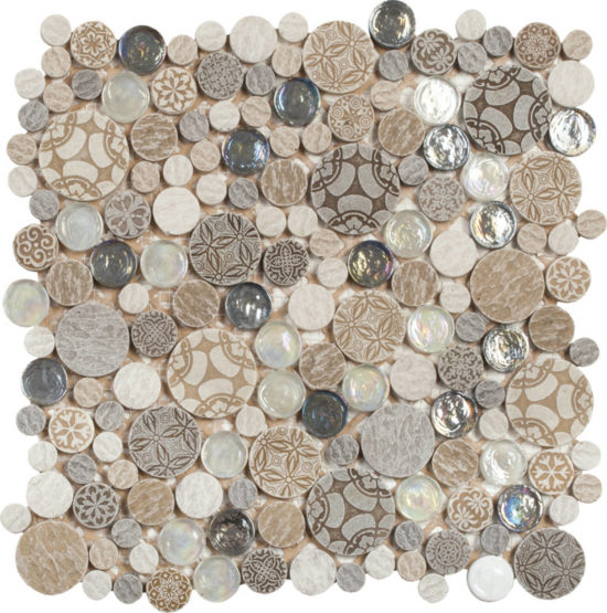 Beige Penny Round Décor/Glass Stone Interrlocking Mosaic