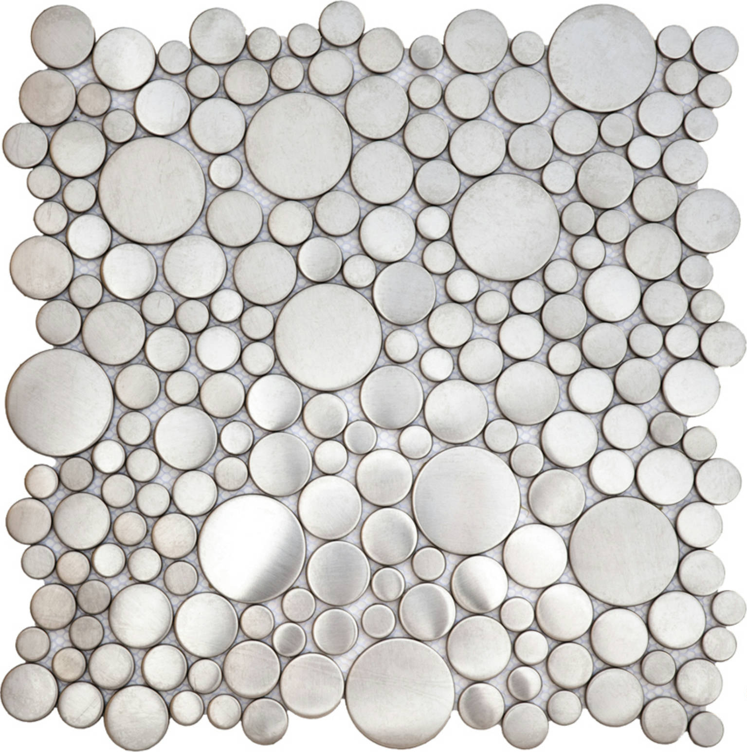 Brushed Silver Penny Rounds Inox Metal Interlocking Mosaic | Gemini Tile and Marble