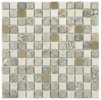 Grey Beige Glass Quartzite And Metal Décor 7/8″X7/8″ Mosaic