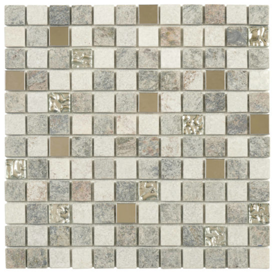 Grey Beige Glass Quartzite And Metal Décor 7/8″X7/8″ Mosaic