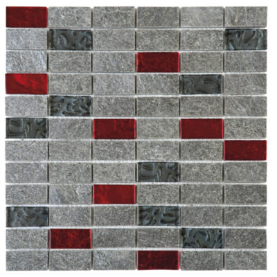 Grey Natural Quartzite Red Glass Mosaic 1″X2″