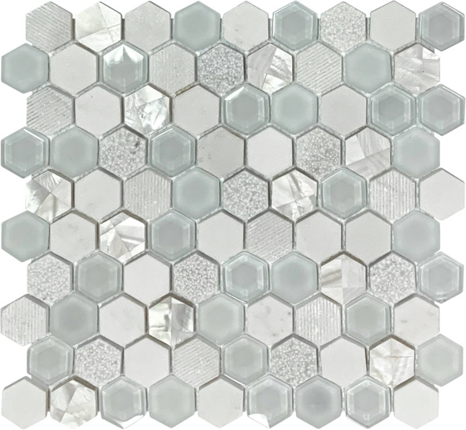 Hexagon Glass Marble & Mother Pearl White Mix Mosaic | Gemini Tile and Marble