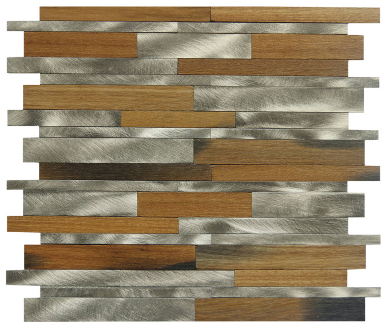 Wood / Silver Aluminum Baguette Interlocking Mosaic | Gemini Tile and Marble