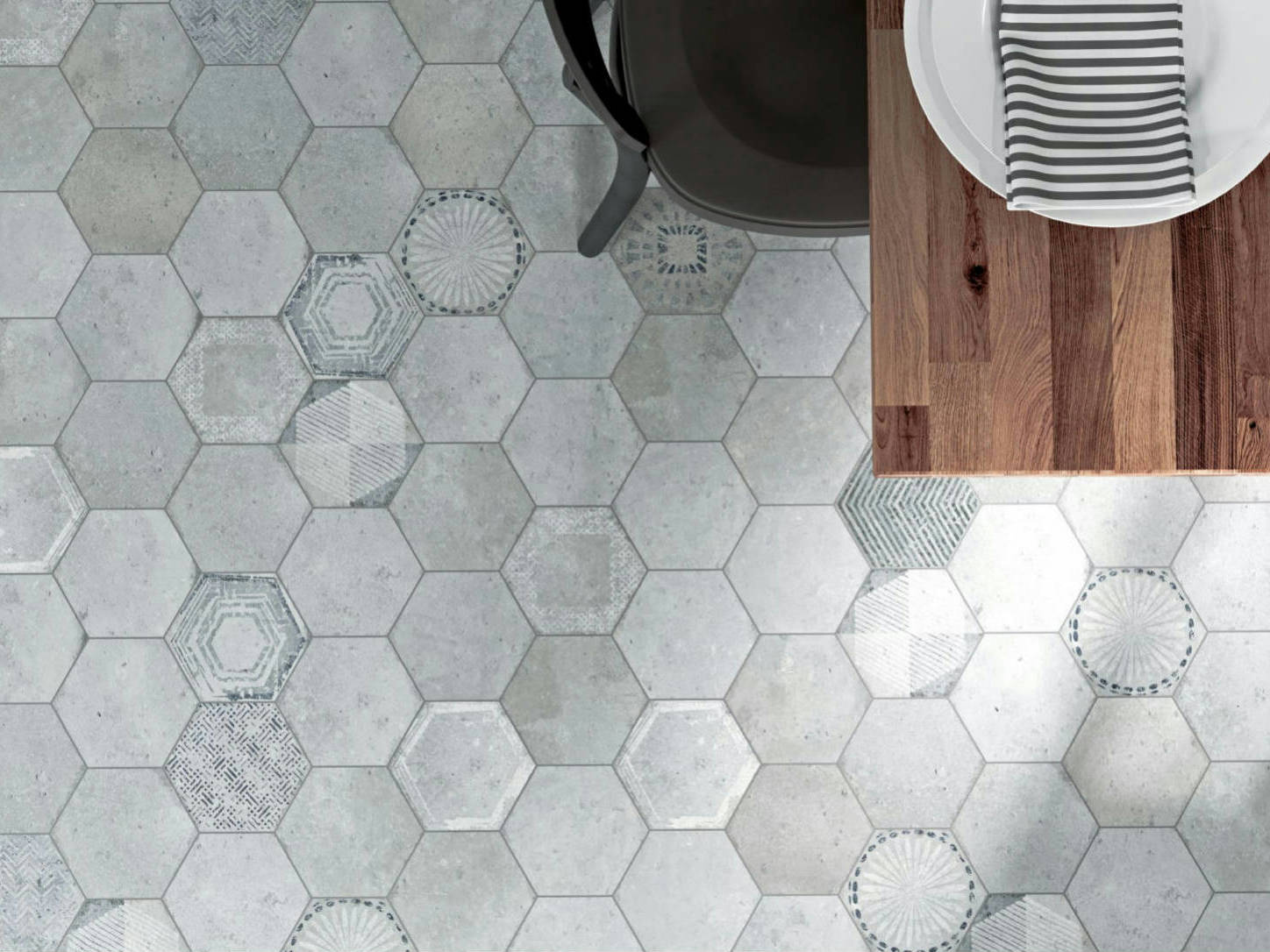 Alma 5.5x6.3” Grey and Grey Decor Hexagon | Gemini Tile and Marble