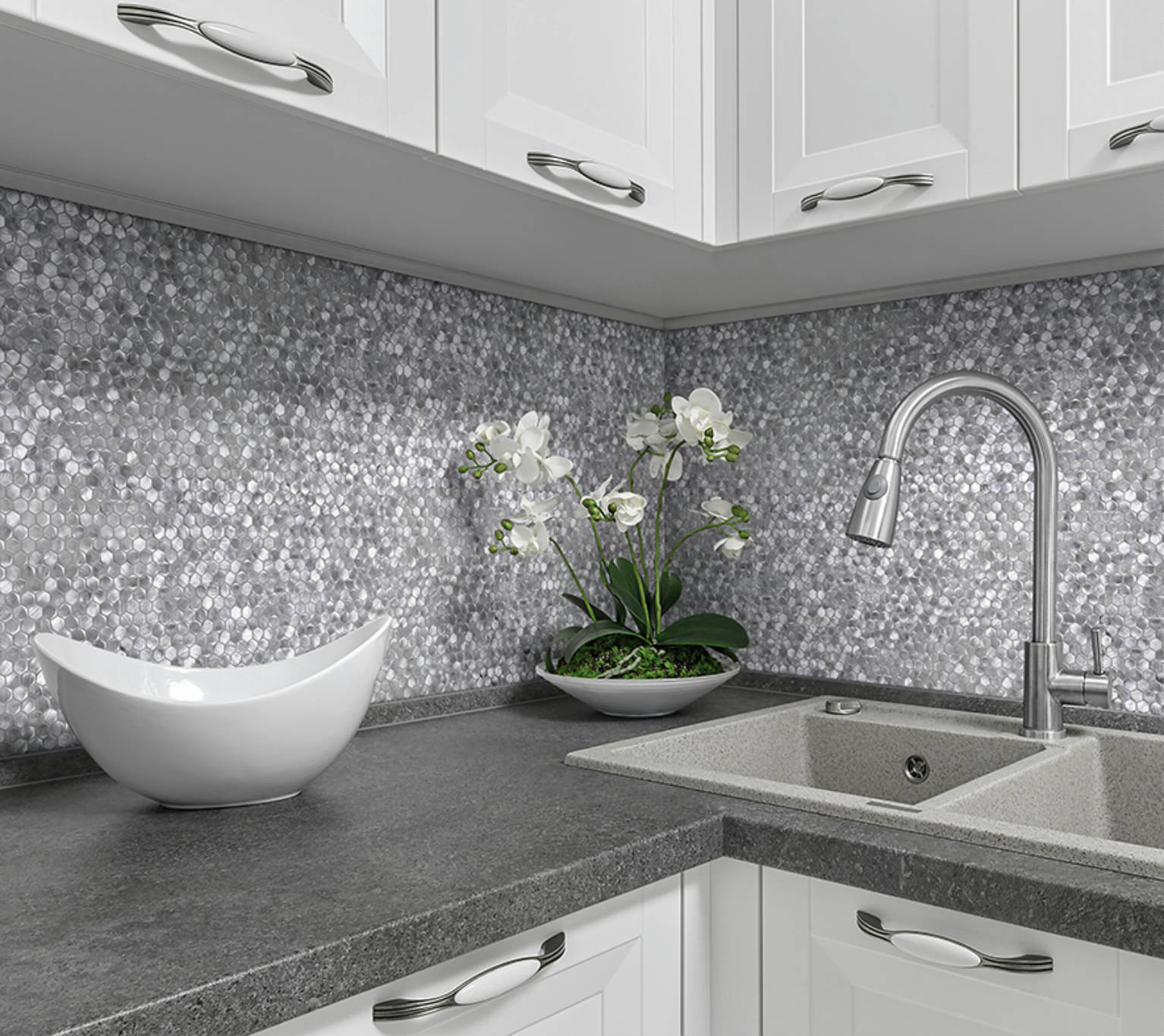 Medium Hexagon Silver Aluminum Mosaic  | Gemini Tile and Marble