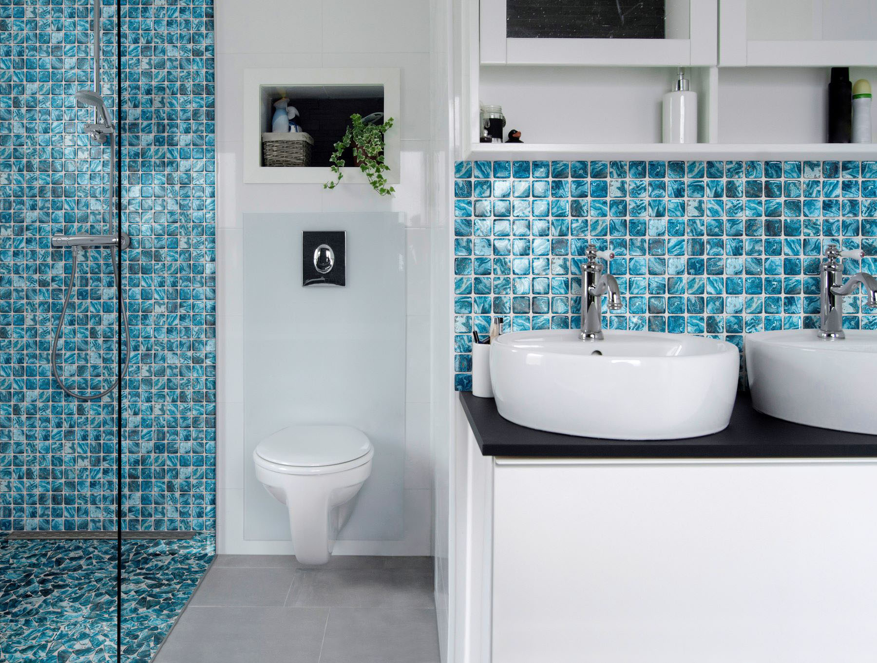 Glass Pebble Blue + Glass Square Blue Marble Pattern Mix | Gemini Tile and Marble